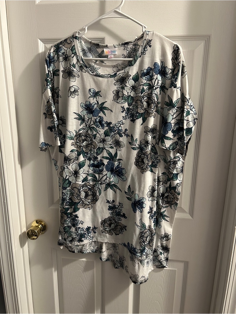 LuLaRoe White Irma Tunic with Blue & Green Floral Print
